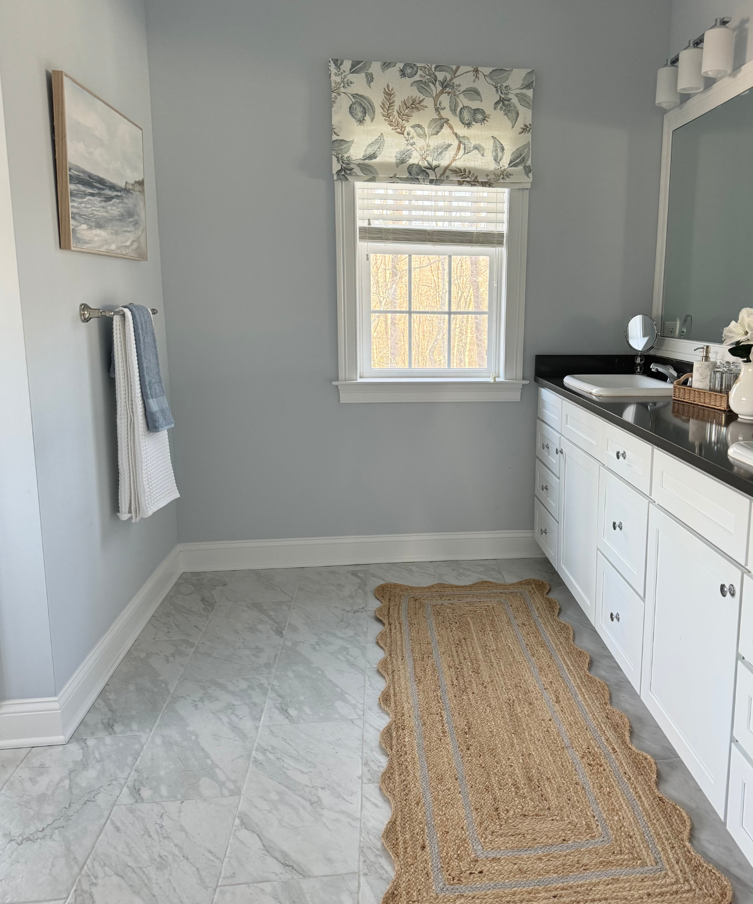 Cool-tone bathroom with soft blue and gray accents